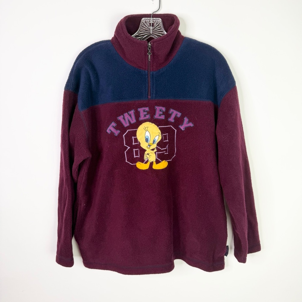 Vintage 90s Tweety Bird Fleece Quarter Zip Sweater Small Women’s Pullover Maroon